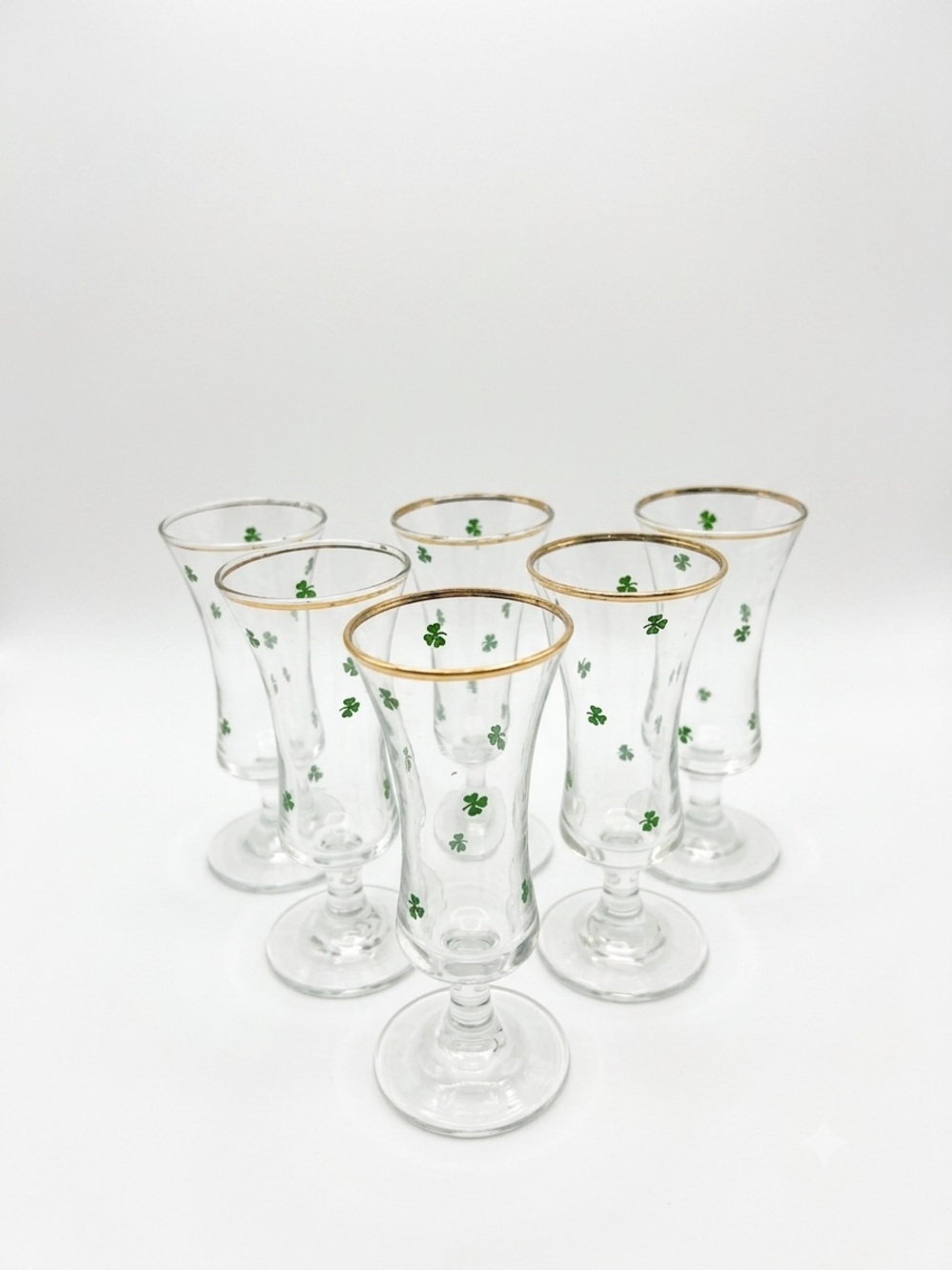 Mid-Century Shamrock Cordial Glasses with Gold Rim (Set of 6)